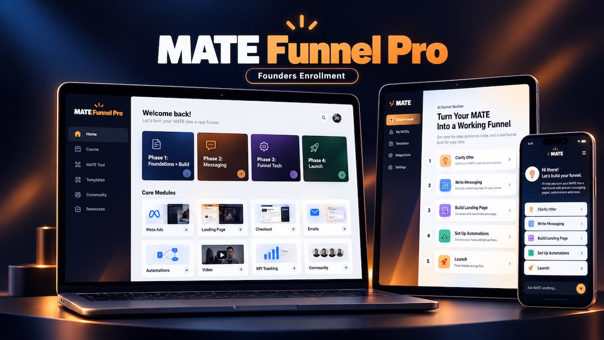MATE Funnel Pro course dashboard and funnel builder shown on a laptop, tablet and phone.